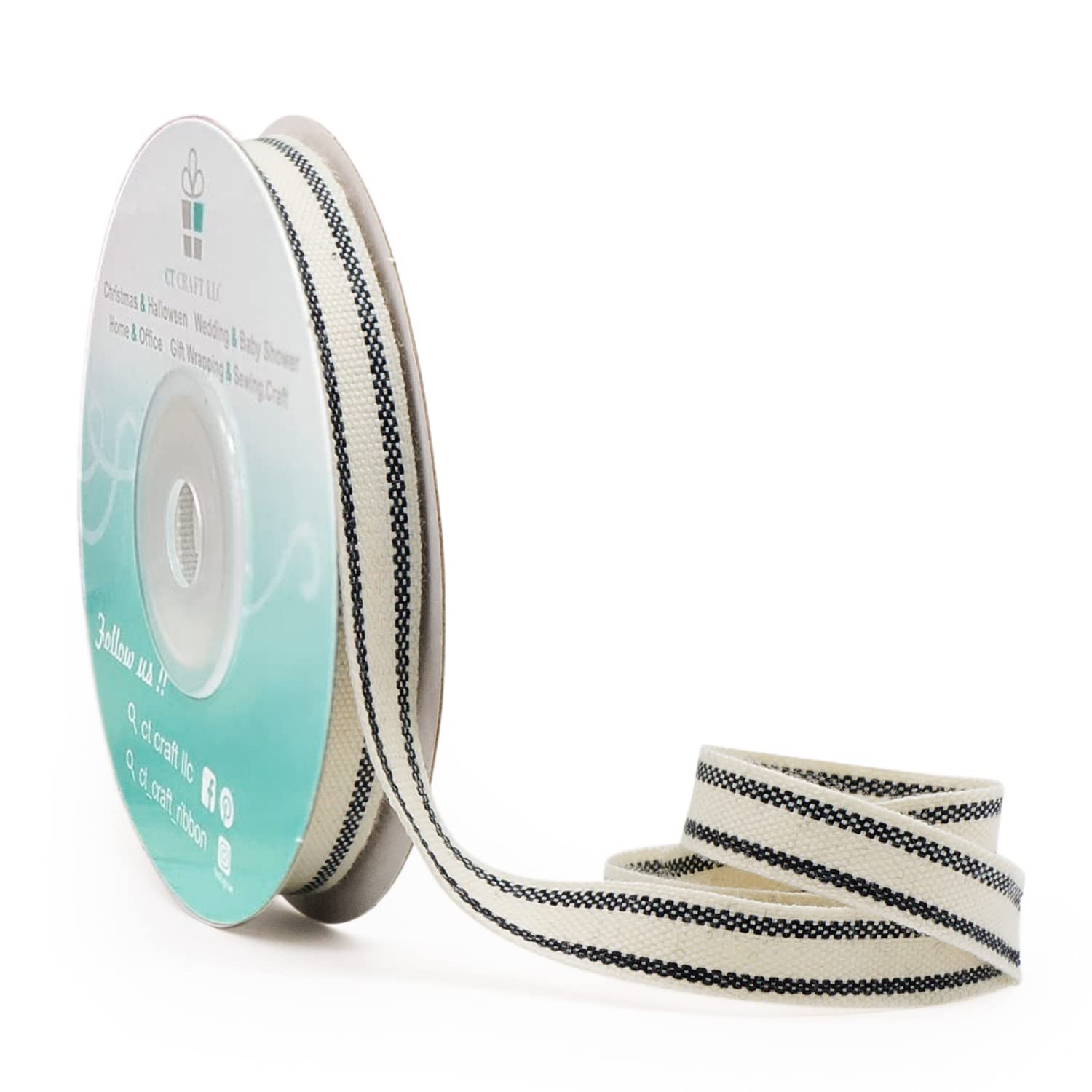 CT CRAFT LLC Ivory Cotton Black Stripes Ribbon 3/8" x 10 Yards for Home Décor Gift Present Wrapping DIY Crafts Birthday Wedding Bouquet Christmas