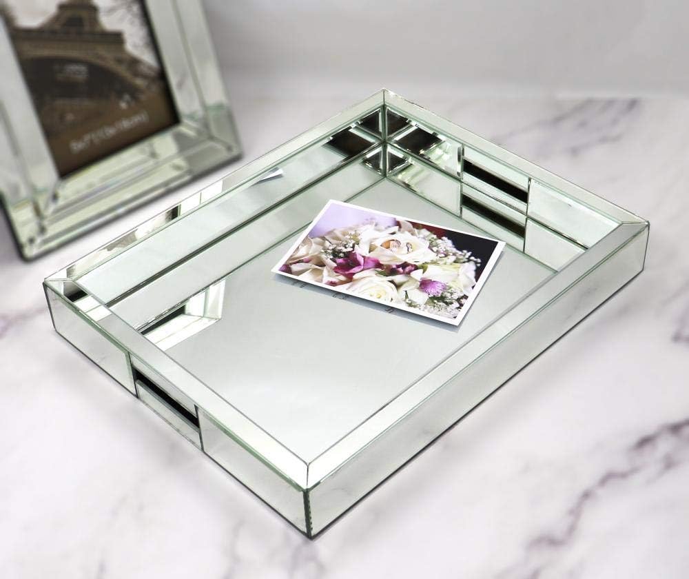 Rectangle Silver Mirror Decorative Tray Size 11” Length x 14” Width x 2” Height, Mirrored Vanity Organizer with Hand, Markup Perfume Jewelry Tray for Bathroom Bedroom Dresser Coffee Table qmdecor: Kitchen & Dining