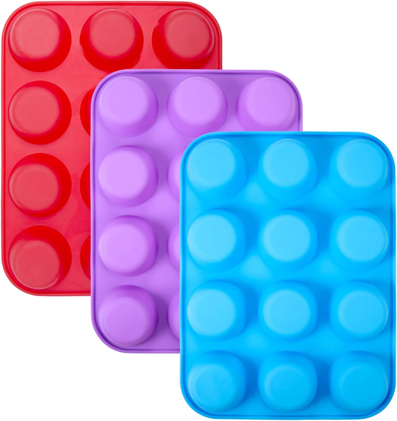 WARMWIND Silicone Muffin Pan, Non-Stick Cupcake Baking Mold, BPA Free Bakeware Tray, 3-Pack Baking Tray Mold, Dishwasher Safe (Red, Blue, Purple)