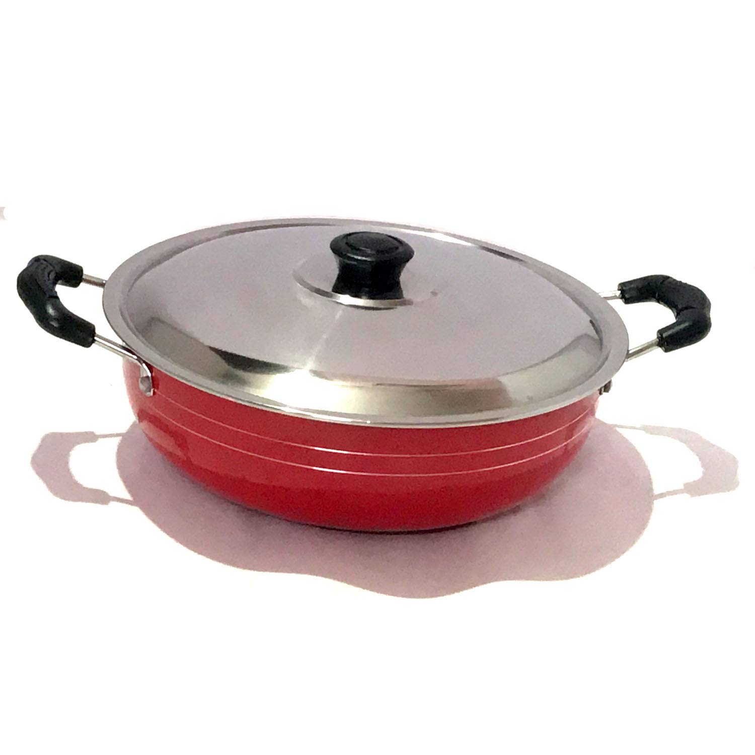 Non-Stick Aluminium Kadhai,Cooking Pan,Deep Fry Kadai, Non-Stick Kadai with Stainless Steel Lid, 2 litres Free Scrubber & Paddle (Red),Valentine Day Gifts