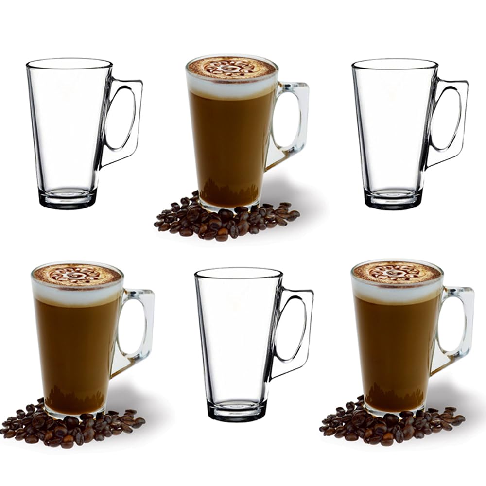 ANSIO Large Latte Glass Coffee Cups - 375ml (12.6 oz) -Pack of 6 Latte Glasses - Compatible with Tassimo Machine