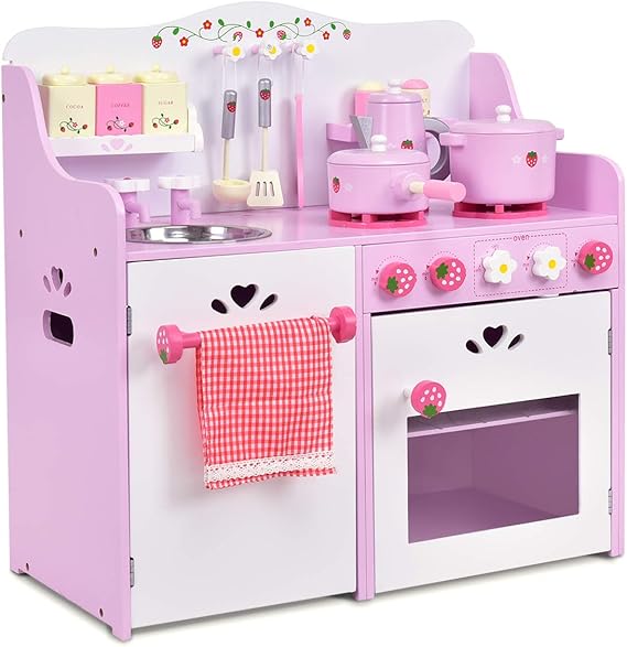 pink wooden kitchen with washing machine