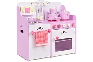 Costzon Kids Kitchen Playset, Wooden Pretend Little Chef Cooking Toy Set with Sink, Faucet, Stove, Oven, Dish Rack, Storage S