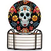 Day of The Dead Skull with Colorful Flowers and Leaves Set of 6 Ceramic Coasters with Holder, Absorbent Drink Bar Coasters, Table Coasters for Living Room Decor Tabletop Protection