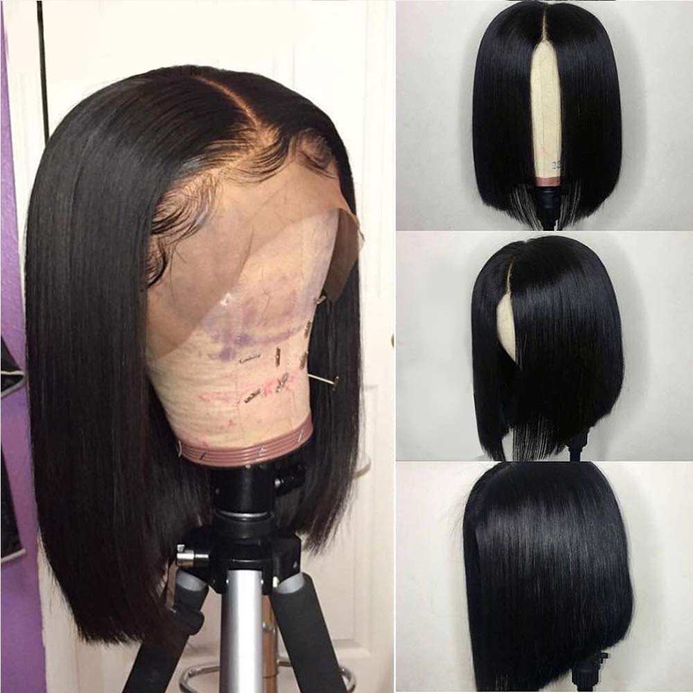 Riya Brazilian Virgin Human Hair 13x4 Lace Front Wigs Middle Part Straight Short Bob Hair Wigs with Baby Hair Pre Plucked for Black Women 150% Density (12inch, Natural Black)