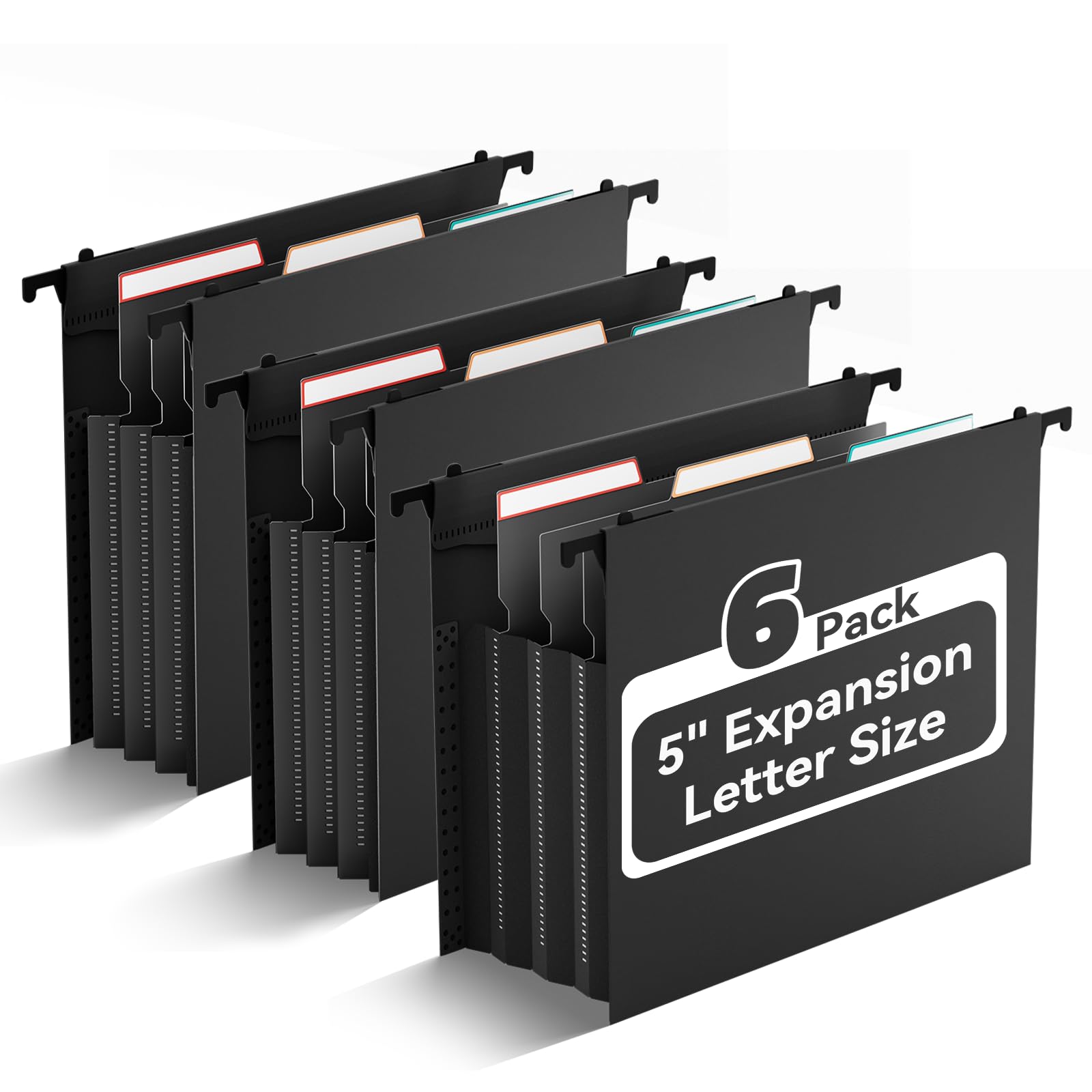 Photo 1 of ANSOOK Plastic Hanging File Folder Letter Size,5" Expanding File Folder,6 Packs Extra Capacity File Folder with Tabs,Accordion Pockets Organizers,Black File Cabinet Folders for Documents Home Office