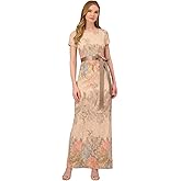 ADRIANNA PAPELL Women's Mateleasse Column Gown | Elegant Evening Gown with Floral Design, Back Slit & Cap Sleeves