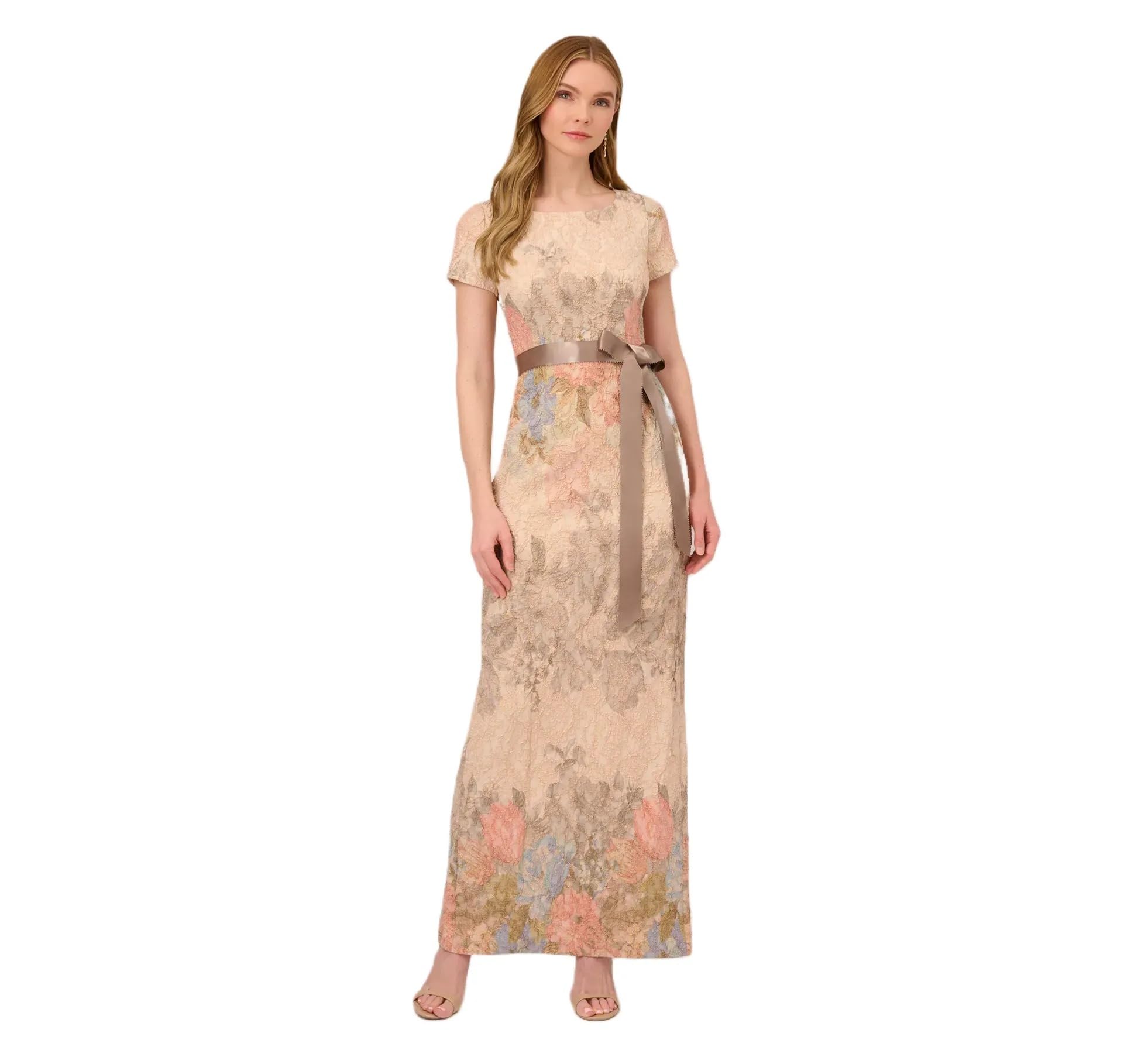 Photo 1 of Adrianna Papell Women's Mateleasse Column Gown | Elegant Evening Gown with Floral Design, Back Slit & Cap Sleeves, Blush Multi 16