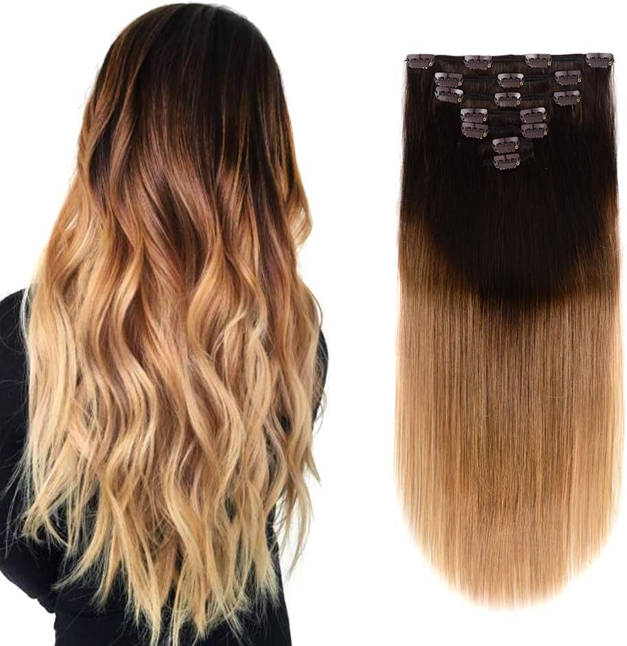 14 inches Clip in Hair Extensions Remy Human Hair - 70g 7pcs 16 Clips Straight 100% Real Ombre Human Hair Extensions for Women Dark Brown Fading to Light Brown Mixed Ash Blonde Color