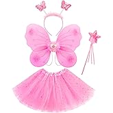 Lainlight 4 Pcs Butterfly Fairy Costume for Girls Kids Princess Cosplay Costume Set with Wings, Tutu Skirt, Wand for Girls 3-8 Years Pink