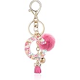 OKAICEN Resin Alphabet Initial Letter Keychain Key Ring for Women Grils Purse Handbags with Deep Pink Fur Ball Pom