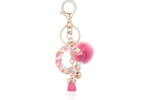 OKAICEN Resin Alphabet Initial Letter Keychain Keyring for Women Purse Handbags With Fur Ball Pom