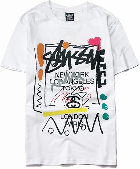 Amazon Stussy ステューシー Tシャツ 男女兼用 欧米風格 アルファベット元素 落書き ゆったり M 白 Tシャツ カットソー 通販