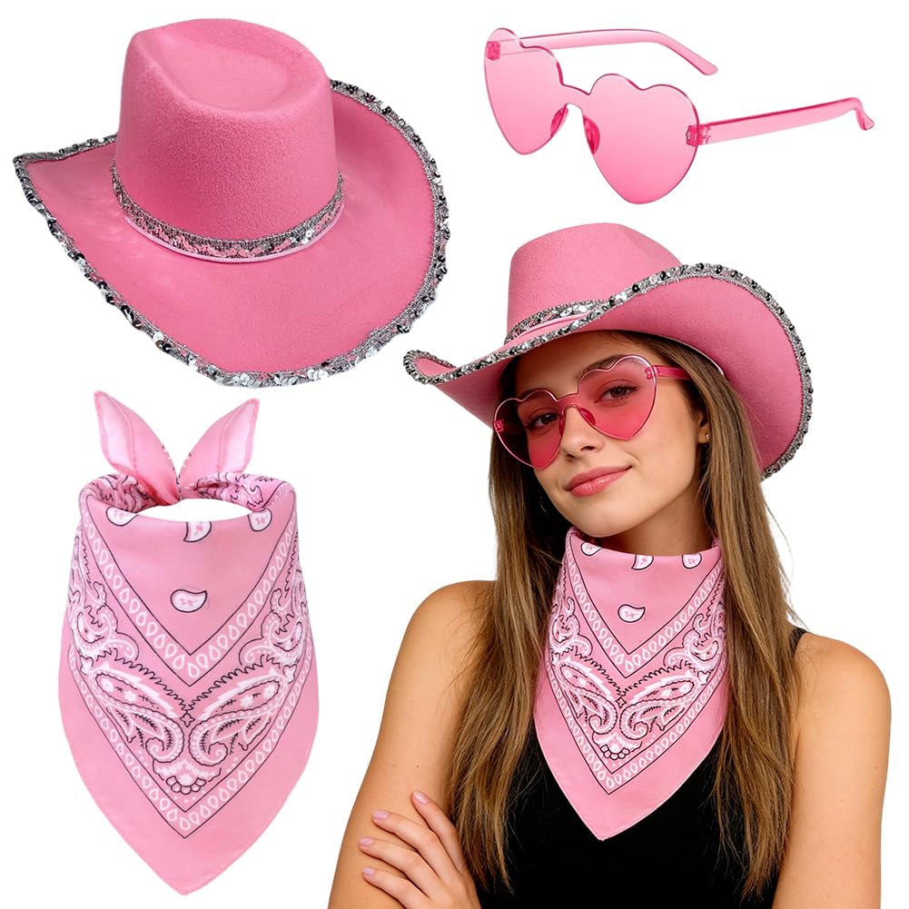JynxtoyZeal Cowboy Hats Dress-Up Set, 3PCS Pink Sequins Cowboy Hats with Bandanas and Glasses, Valentine's Day Gift - Western Fancy Dress for Hen Parties, Stag Dos, Carnival & Themed Events