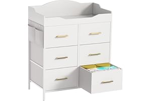 White Changing Table Dresser with 6 Fabric Drawers and Side Pockets, Nursery Dresser with Changing Top, Baby Dressers with Dr