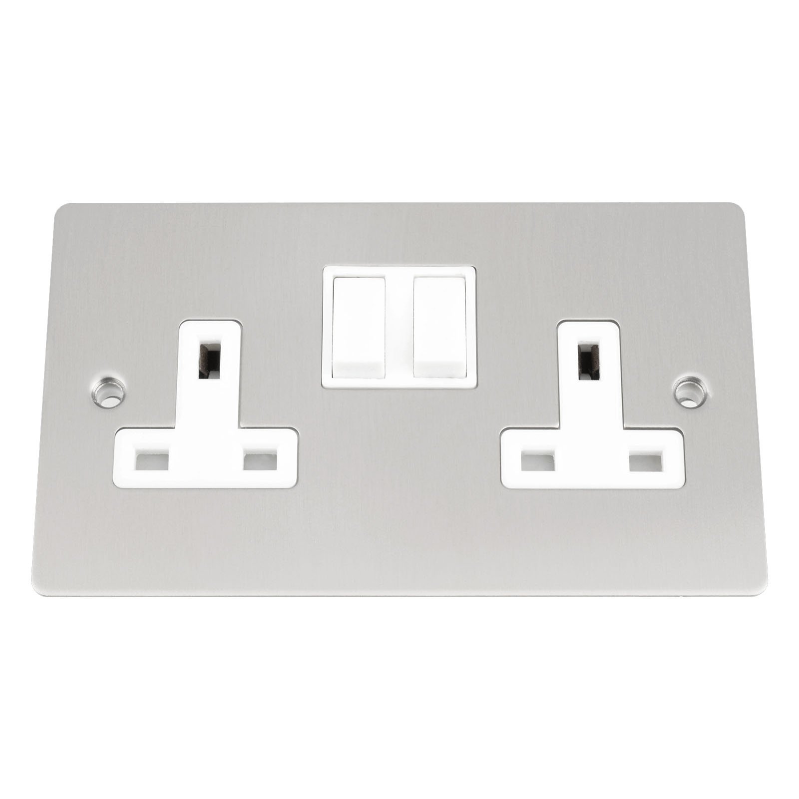 Socket 2 Gang - Satin Matt Chrome - Flat - White Insert Plastic Switch - 13A Double Wall Plug Socket