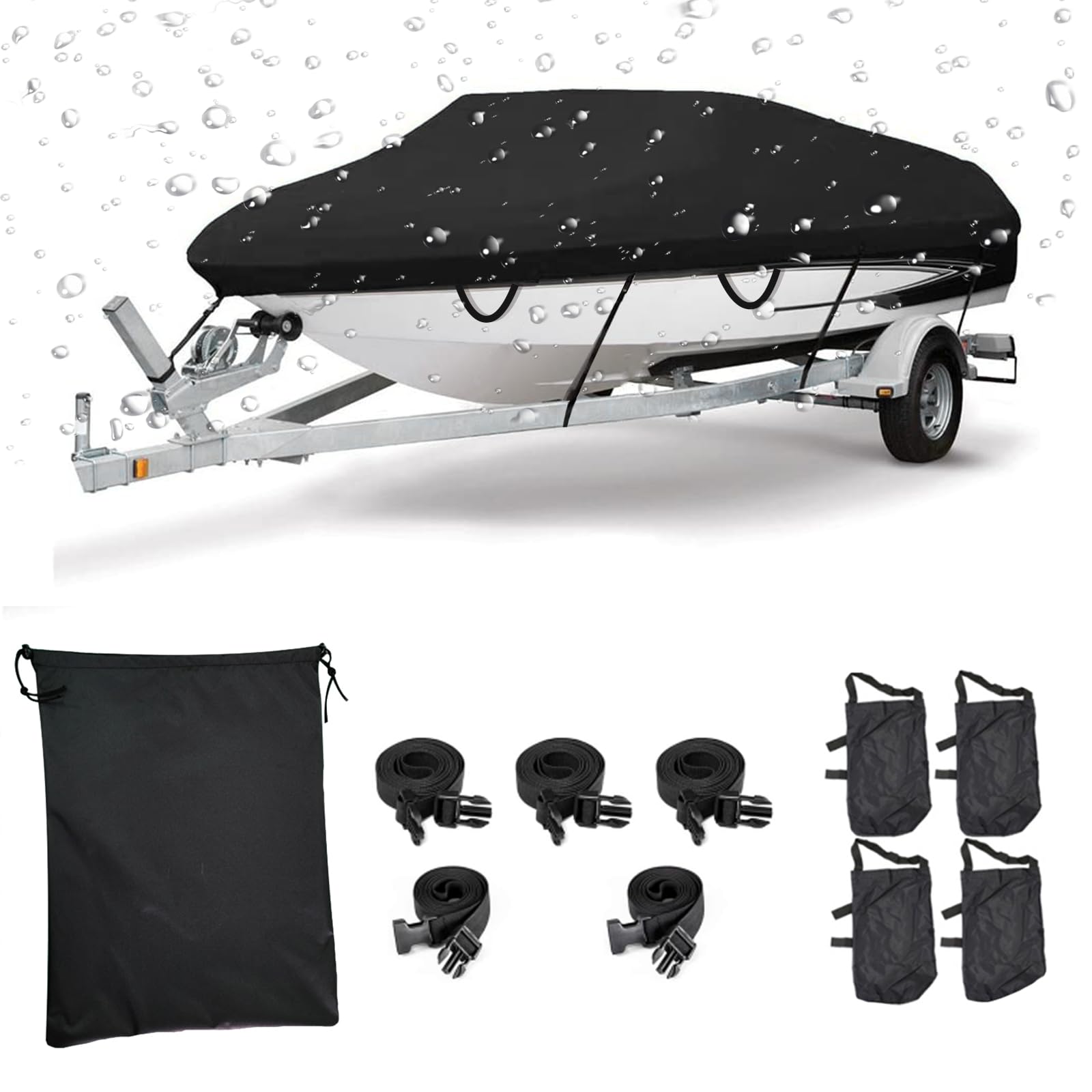 Photo 1 of JZAHYUK Boat Cover 17-19ft, Waterproof Trailerable Boat Cover, Heavy Duty UV Resistant Marine Grade Polyester Canvas, Fits 17-19ft V-Hull, Tri-Hull, Fishing Runabout Boat with Tightening Strap