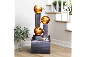 SunJet 28.5inches Modern Metal Water Fountain with Warm Lights, 3-Tier Floor-Standing Water Fountain Cascading Fountain with Rocks for Indoor/Outdoor Art Decor