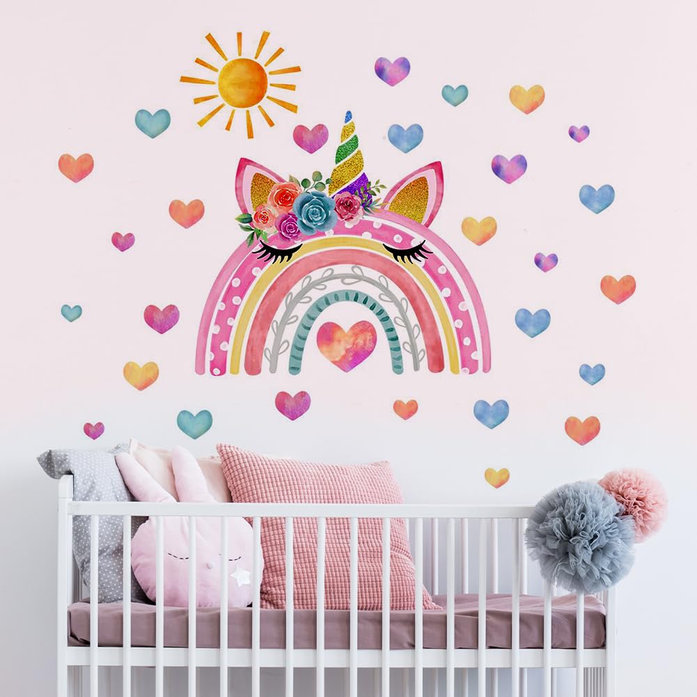 Aolso Rainbow Wall Decals Rainbow Sun Wall Stickers Baby Nursery Girls Bedroom Living Room Wall Décor, Peel and Stick Wall Art Decals for Baby Nursery Kids Bedroom