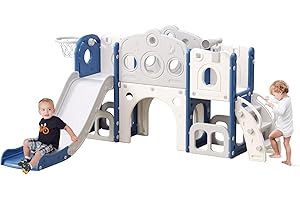 CuFun 8 in 1 Toddler Slide, Outdoor Indoor Playset for Kids Baby Age 1-3, Childs Climber Slide with Storage Space and Non-Slip Steps, Basketball Hoopa and Telescope, Blue & White