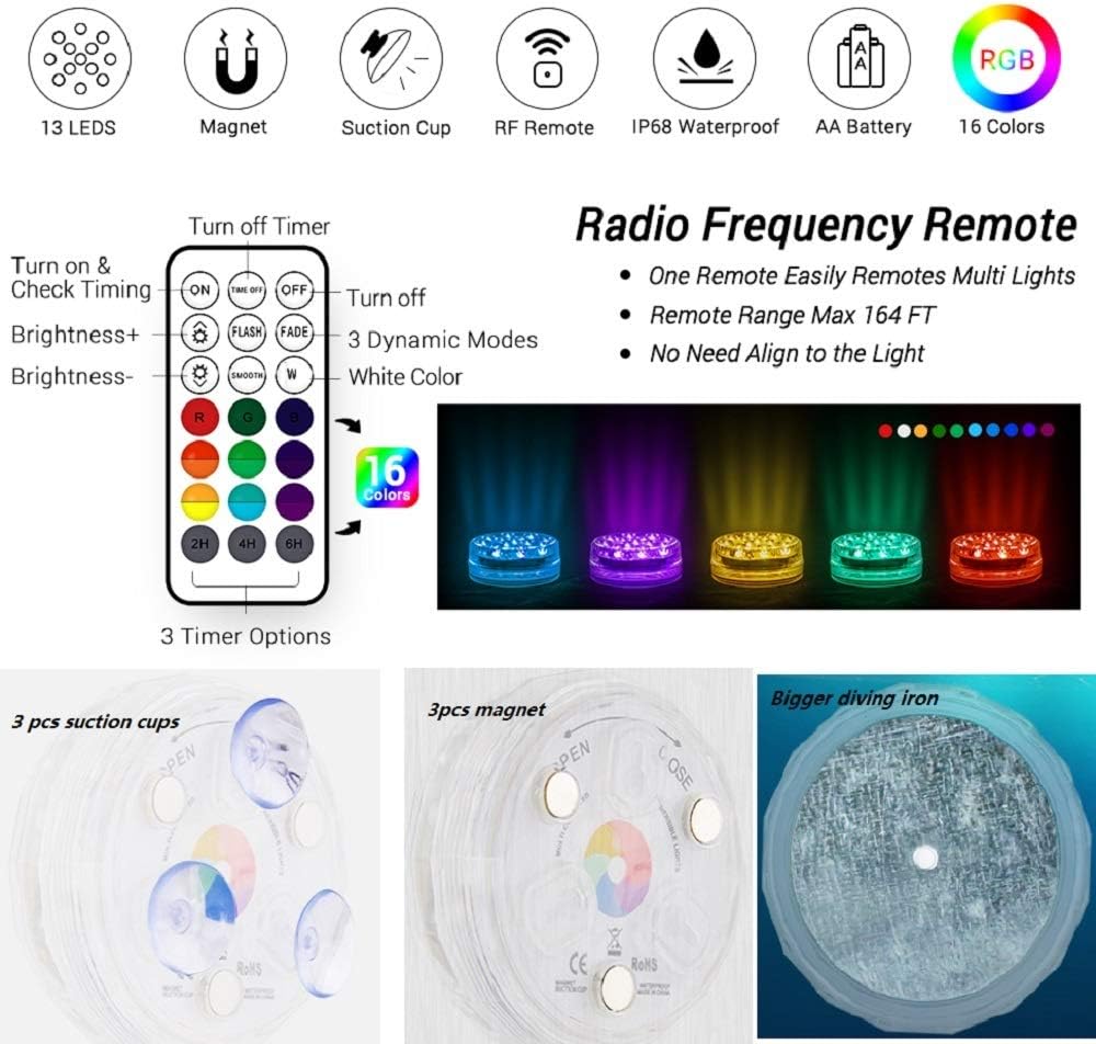 Submersible LED Lights with3 Suction Cups and Magnets,IP68 Waterproof Bathtub Light with RF Remote,13 Color Changing LED Lights for Shower,SPA,Hot Tub,Party,Aquarium Vase,Wedding,Halloween (2 Pack) - Image 5