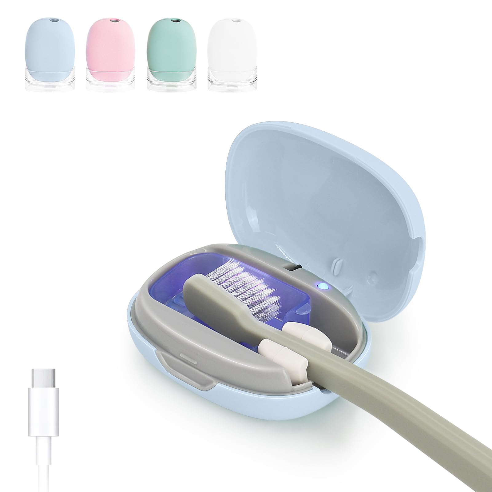 ELMWAY STB-022 UV-C Light Toothbrush Sanitizer Case – Portable & Rechargeable, Compact Design with Stand for Travel or Countertop Use – Fits Most Manual & Electric Toothbrushes – Blue