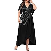 TIARALY Women's Plus Size Formal Satin Dress V Neck Wrap Ruched Maxi Evening Gown Cocktail Party Wedding Guest Dresses