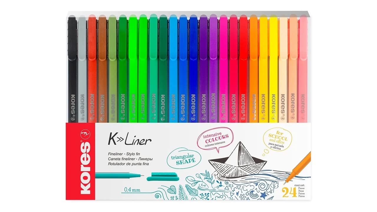 Kores - K-Liner Coloured Fineliners - 0.4mm - Colouring Pens, Fineliner Marker Pens, Art Pens, Revision Supplies, University Essentials, School Supplies - Pack of 24 in Assorted Colours