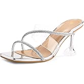 mysoft Women's Clear Heeled Sandals Square Toe Transparent Stiletto Mules Open Toe Slip on Dress Shoes