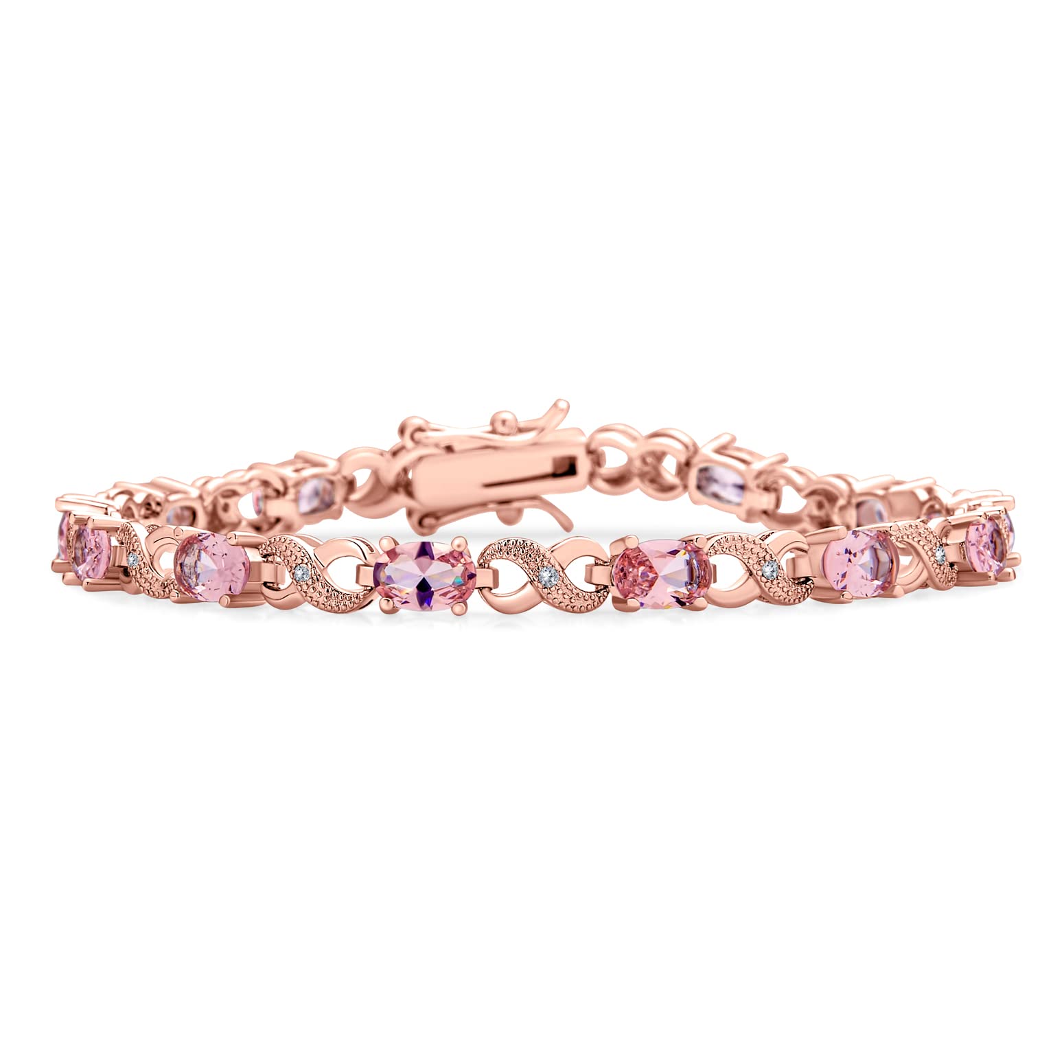 Bling Jewelry Simulated Morganite Cubic Zirconia Pink AAA Oval CZ Romantic Love Knot Symbol Milgrain Infinity Tennis Bracelet For Women Rose Plated — image 1