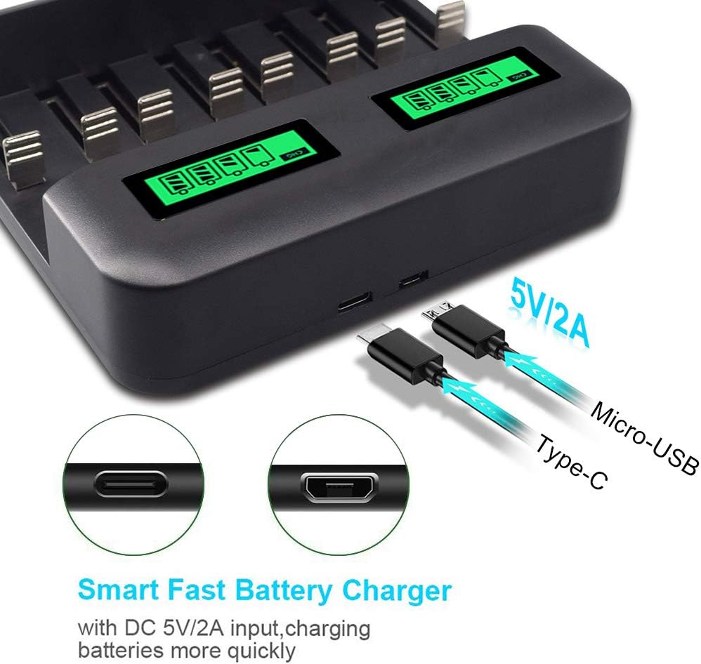 LCD Display Universal Battery Charger,8 Bay Smart Charger for Rechargeable Batteries Ni-MH/Ni-Cd A AA AAA SC C D Batteries with USB Port Type c and Overcharge Prevention Function (No Adapter): Electronics