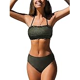 CUPSHE Bikini Set for Women Two Piece Swimsuit Bandeau Top Back Tie Mid Waisted Bottom with Removable Shoulder Straps