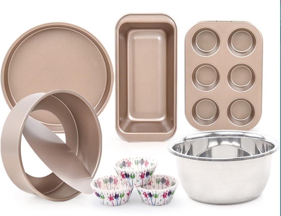 Carbon Steel Pie Quiche Baking Pans Tin Dishes Tray, Golden Baking Mold Set Baked Tools, Cake Bread Mold Pizza Pan, (Additional Given 25 Paper Tray),4 Piece+Egg Bowl