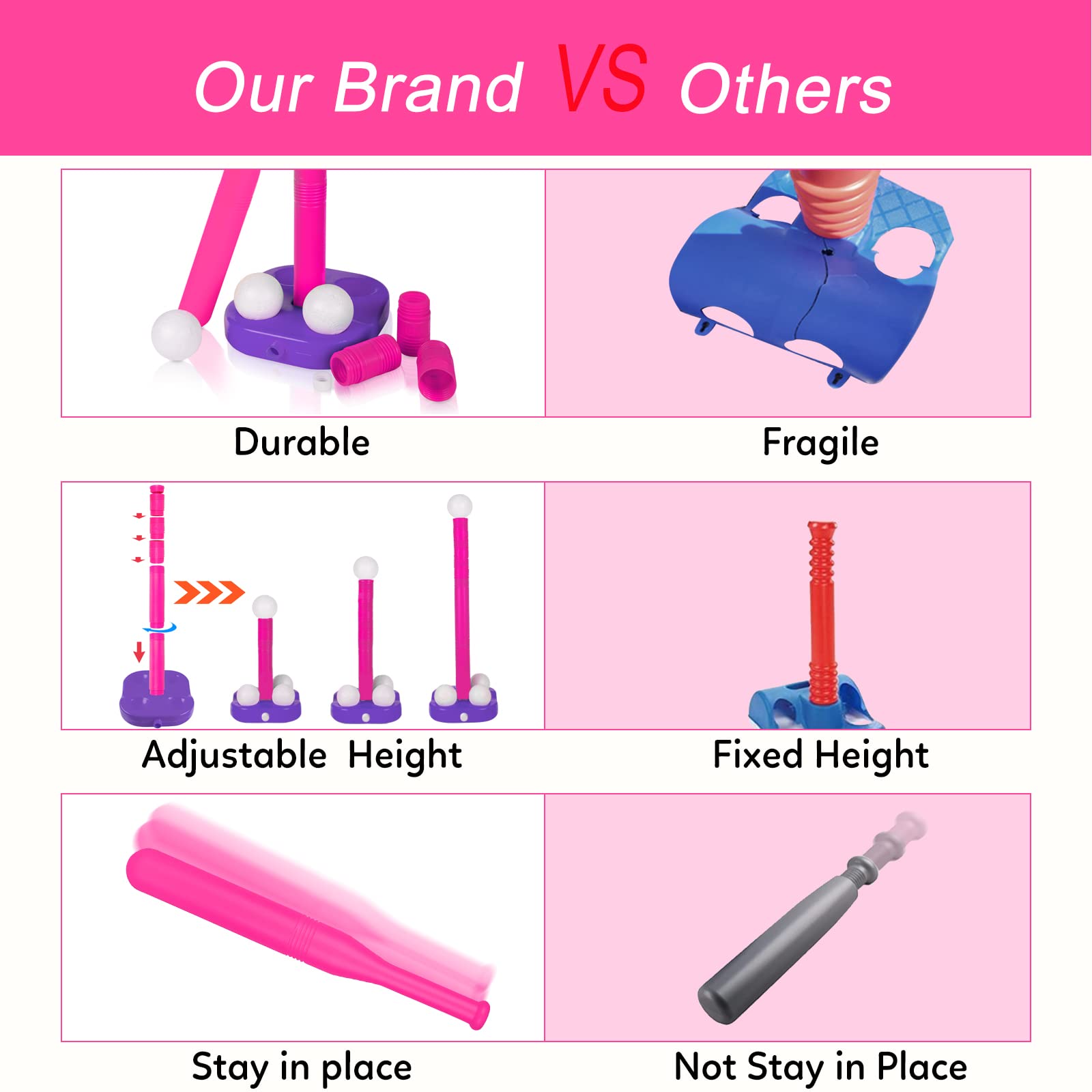 Liberry Adjustable T-Ball Set for Kids and Toddlers, Includes Kids Baseball Bat, Adjustable Height Tee Ball Stand, 4 Balls and Weighted Base, Sports Game Toy Gift for Boys Girls (Pink)