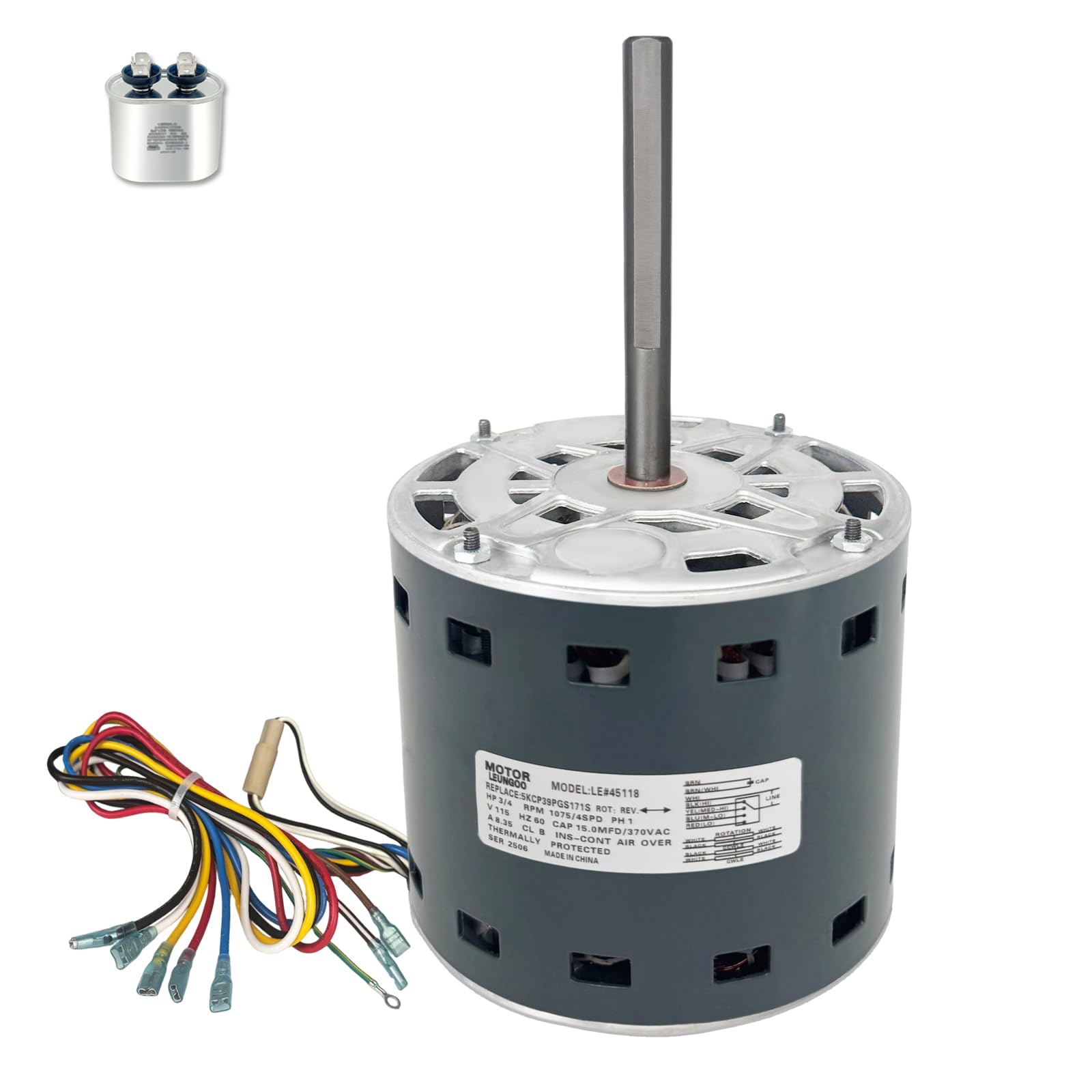 Photo 1 of 5KCP39PGS171S Furnace Blower Fan Motor 3/4 HP 1075RPM/4SPD 115V Replace for Carrier HC45AE118A GE Genteq 5KCP39NGZ205S, Packard 45118 60HZ 8.35A Reversible Rotation with Capacitor LEUNGOO