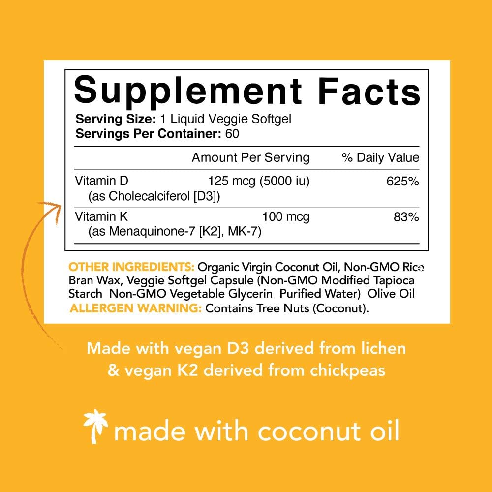 Vitamin D3 + K2 with Organic Coconut Oil - 60 Veggie Softgels: Health & Personal Care