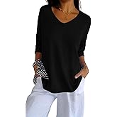 Womens Fall V Neck Sweaters Casual Loose 3/4 Sleeve Lightweight Knit Pullover Jumper Ladies Thinly Tops