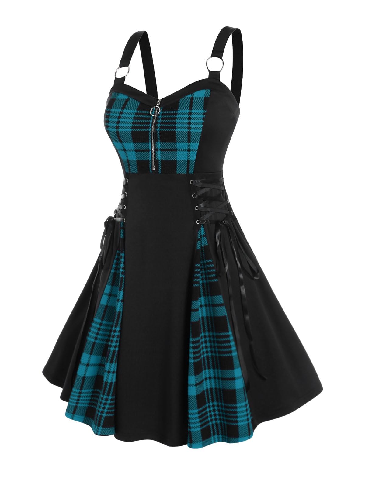 Photo 1 of Rosegal Gothic Lace Up Plaid Half Zipper Fit and Flare Gothic Dress(Green_2/3X)