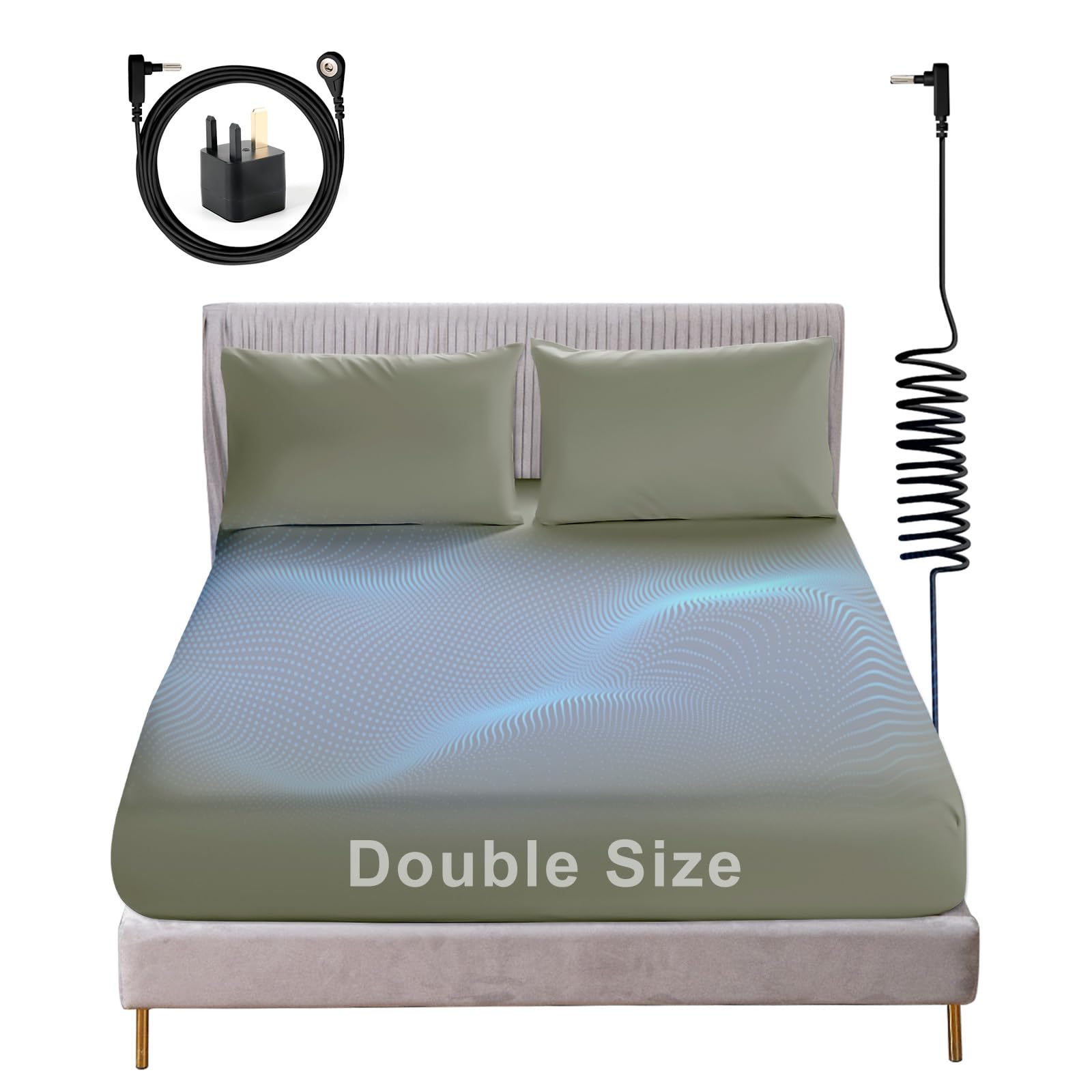 ConBlom Grounding Fitted Sheet with UK Plug, Double Size Earthing Bed Sheets, 5% Silver Fiber & 95% Cotton for Improving Sleep, Better Working and Help with Anxiety (Green, Double-135 x 190cm)