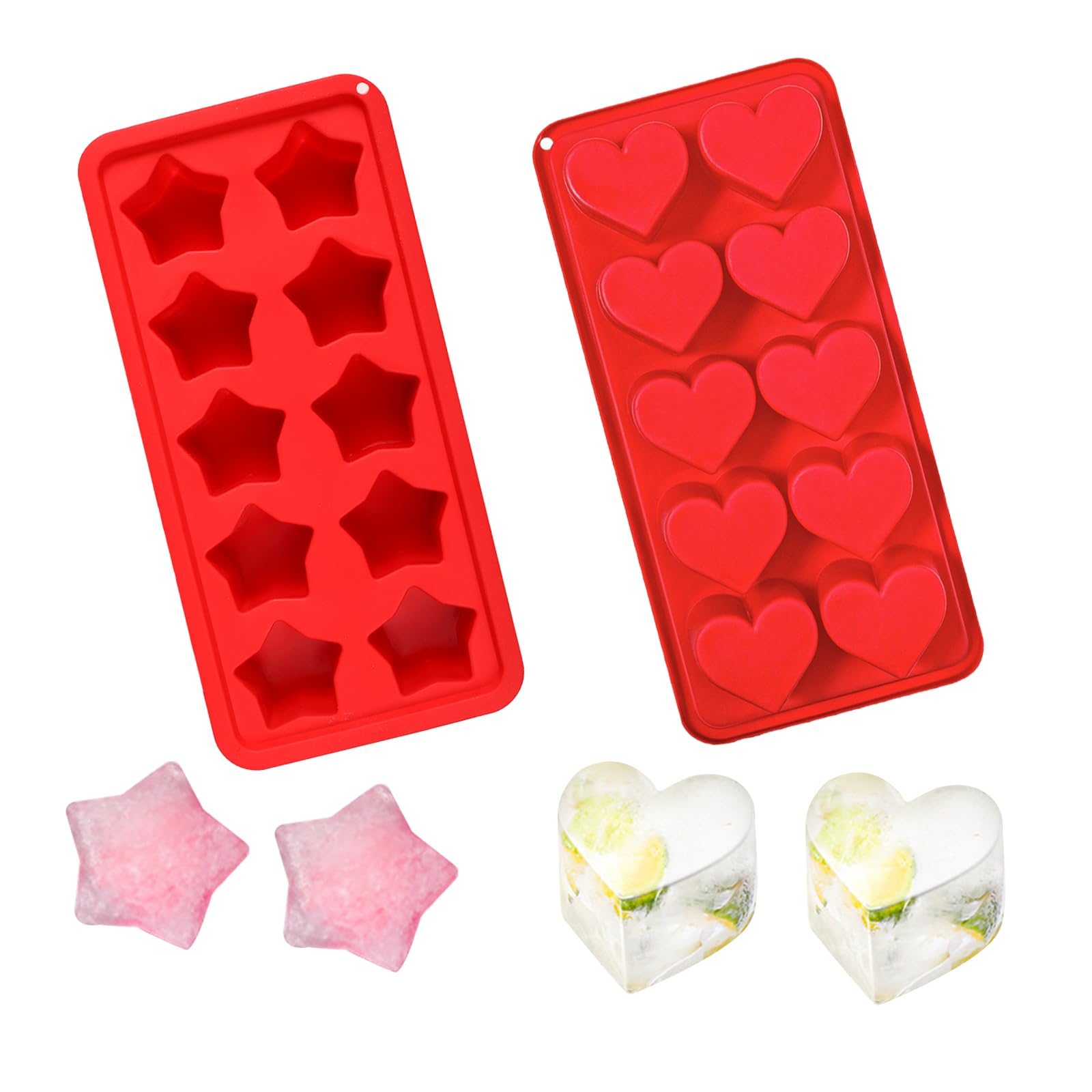 Bekecidi 2 Pack Ice Cube Trays Soft Silicone Ice Moulds Star Heart Shaped Ice Cube Moulds Easy to Remove Ice Cube Tray for Whisky, Cocktails, Beer and Drinks (Red)