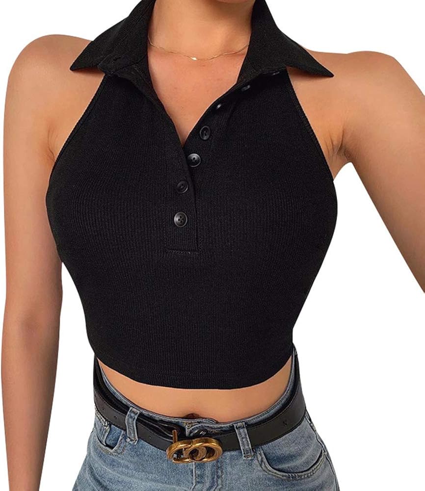 Sexy Women Knit Cotton Exposed Navel Top Button Turck V