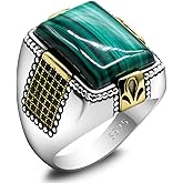 LovePlus Solid 925 Sterling Silver Malachite Ring for Men Square Signet Ring Turkish Handmade Style Gemstone Jewelry
