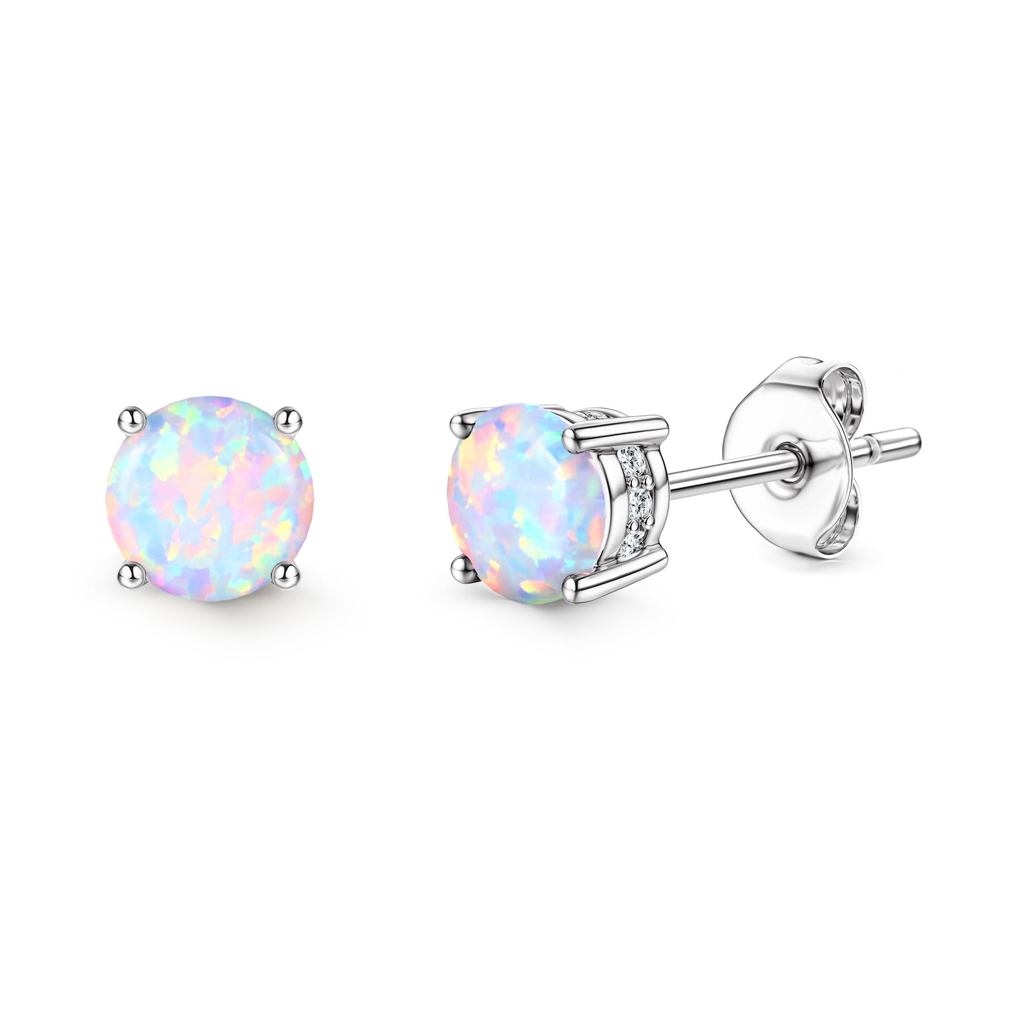 Adramata Opal Stud Earrings 18K White Gold Plated Stainless Steel Post Round Cut Created White Opal Stud Earrings for Women 6MM