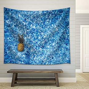 Pineapple Floating on The Pool with Blue Mosaic Floor - Fabric Wall Tapestry Home Decor - 51x60 inches