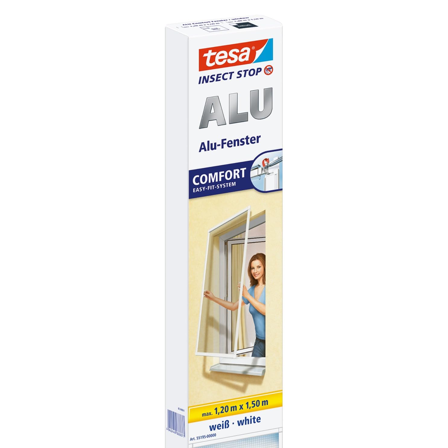 tesa® Insect Stop ALU COMFORT Fly Screen for Windows - Insect Screen With Aluminium Frame - Fly Net Without Drilling - White, 120 cm x 150 cm