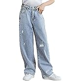 SANGTREE Girls Baggy Jeans Wide Leg Jeans Elastic Waist Casual Denim Pants Kids Clothes,6-14 Years