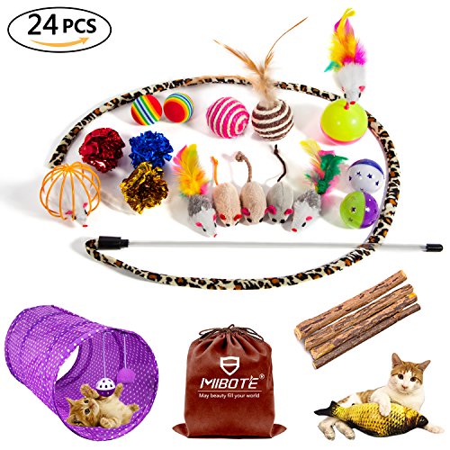 MIBOTE 24Pcs Cat Toys Variety Pack for Kitten, Cat Tunnel Catnip Fish Interactive Feather Teaser Wand Toy Fluffy Mouse, Crinkle Balls Bells for Cat, Puppy, Kitty