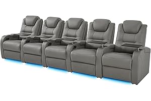comfiroom Home Theater Seating Seats Simple Style Top Grain Nappa Leather Recliner Chair Dual Power Movie Theater Chairs Gaming Sofa Electric Headrest with Tray Table (Grey, Row of 5)