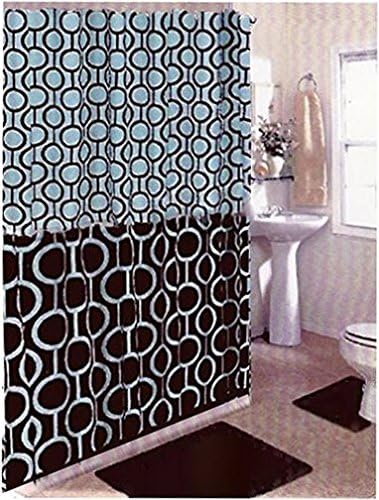 Brown and Spa Blue Bathroom Set: 2 Memory Foam Floor Mats, Fabric Shower Curtain, Silver Roller Ball Shower Hooks