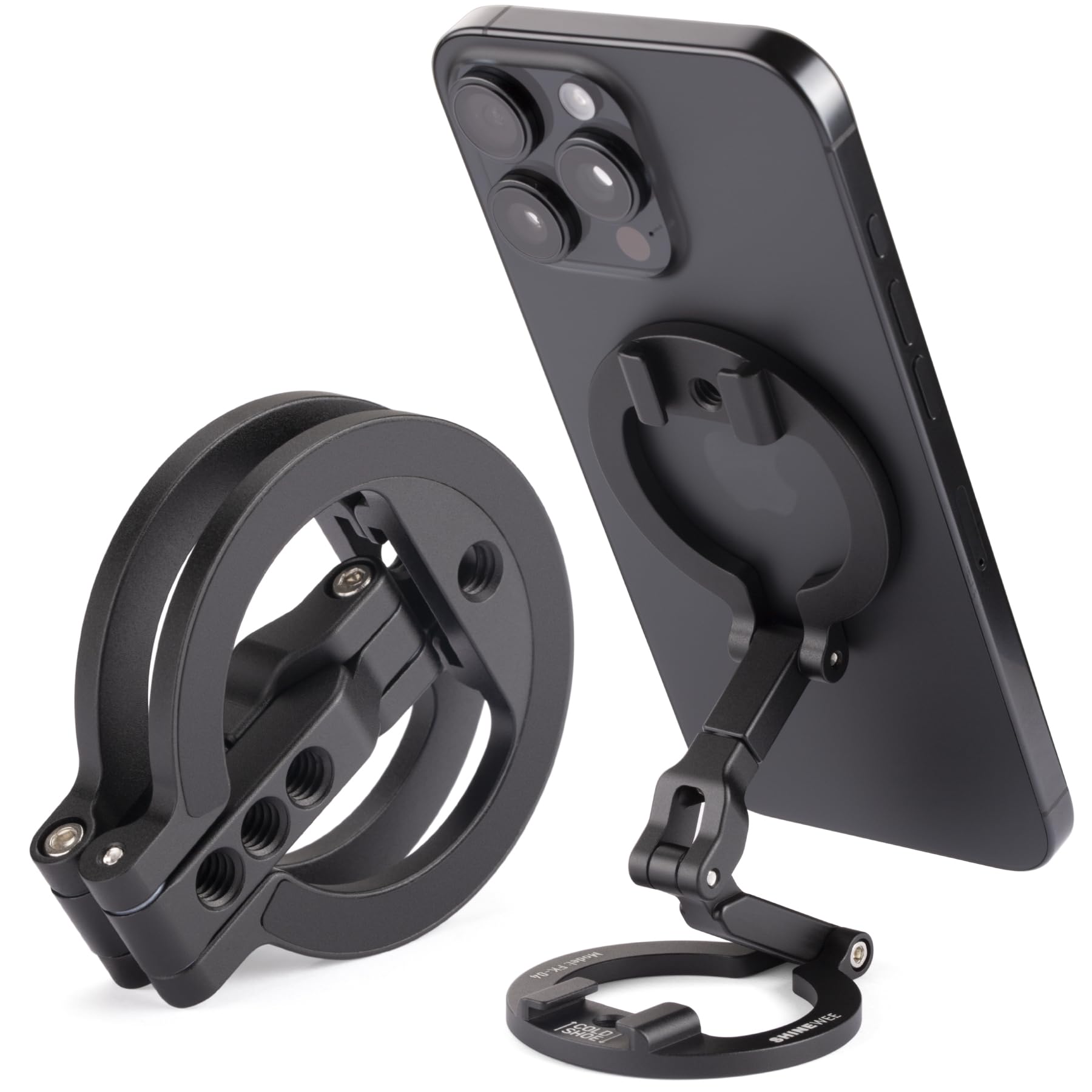 Dual Magnetic Ring Phone Mount - Foldable 360° Rotation CNC Aluminum Stand,1/4" Screw,Cold Shoe Interface, Hands-Free Holder for Live Streaming, Selfies & Multi-Device Use